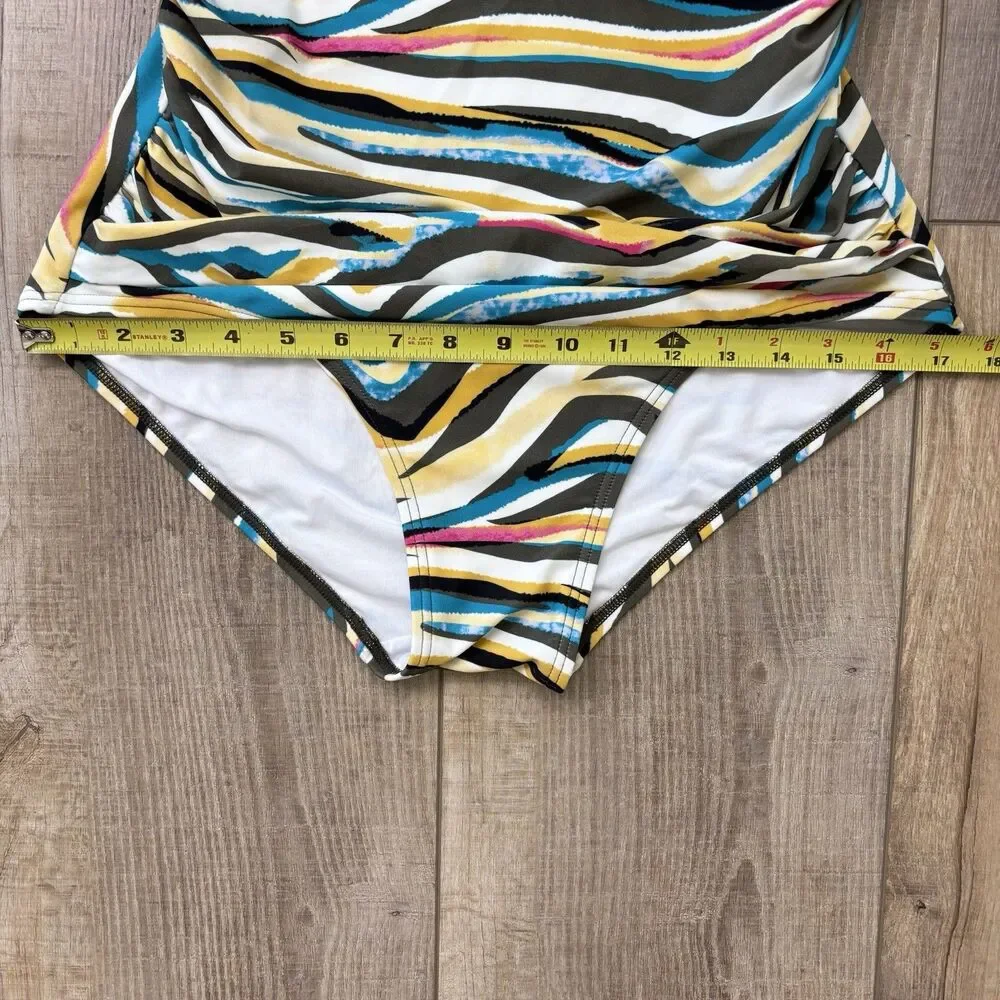 DKNY Women Ruffle One Piece Swimsuit Size 12 Colorful Ruched Tummy Control Artsy - Picture 16 of 16